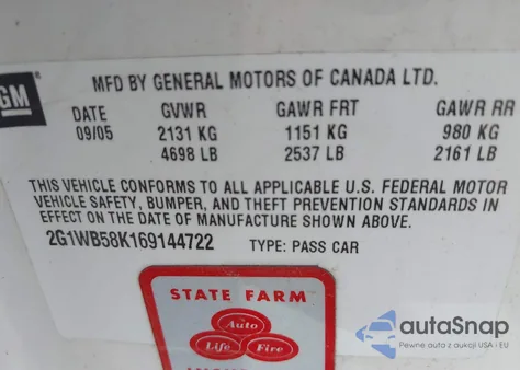 2006 Chevrolet Impala Ls z USA, uszkodzony, nr VIN 2G1WB58K169144722